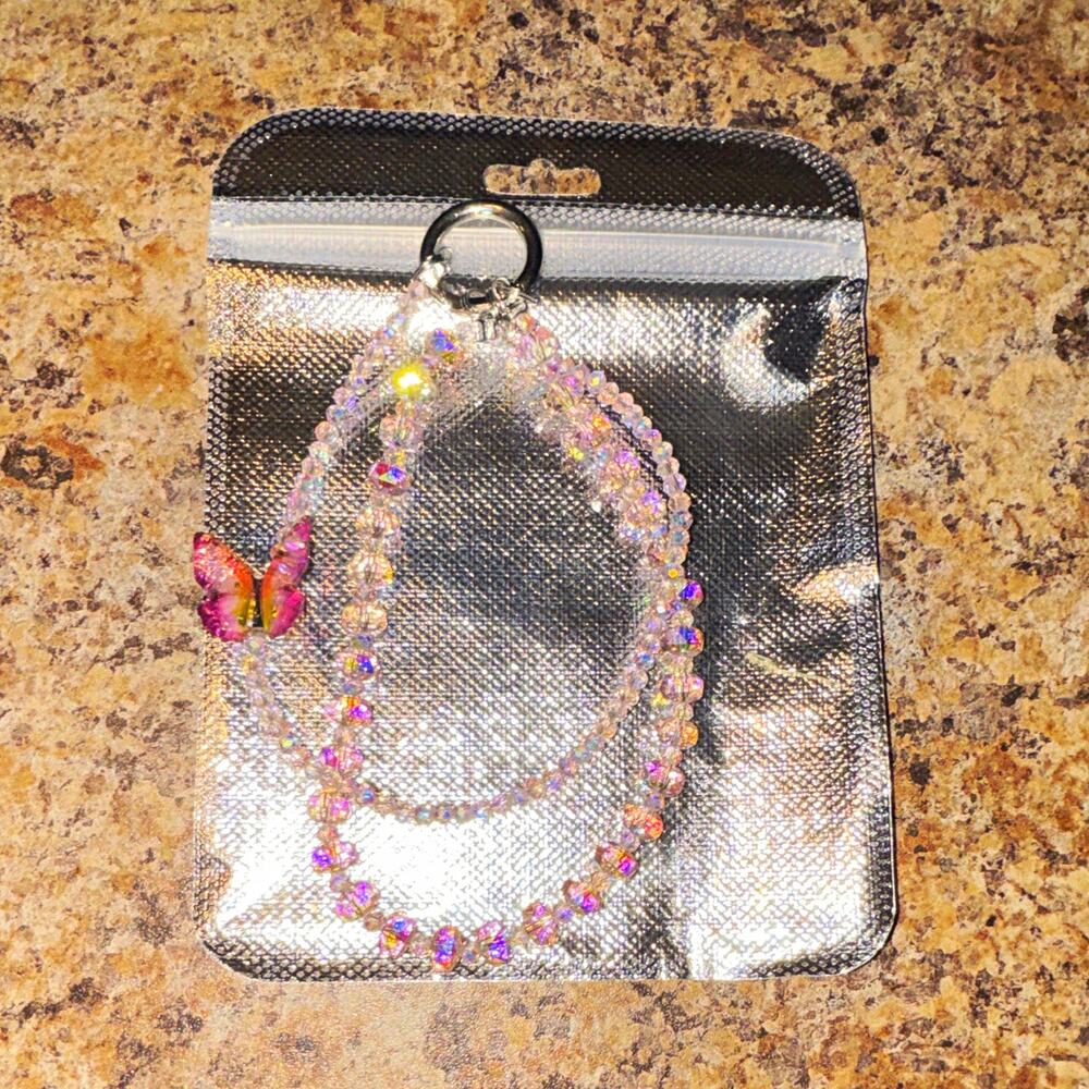 Women’s Pink & Clear Beaded Butterfly Key Chain Keyring, Plastic
